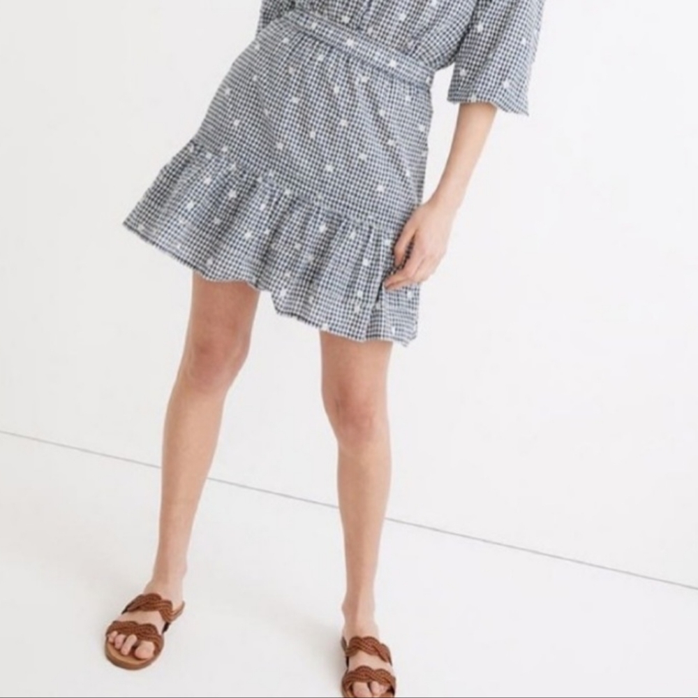 Madewell Blue White Gingham Checked Embroidered Skirt Size Medium